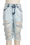 Blue Sexy Solid Ripped Mid Waist Skinny Denim Shorts