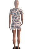 Pink Fashion Casual adult Ma'am Patchwork Print Camouflage Two Piece Suits pencil Short Sleeve Two Pieces