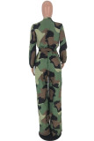 Blue Fashion Casual Button bandage Coloured drawing Camouflage Long Sleeve O Neck 