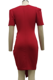 Red Casual Solid Patchwork V Neck Irregular Dress Dresses