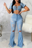 Light Blue Denim Zipper Fly High Hole washing Boot Cut Pants Bottoms