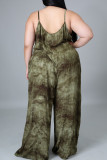 Blue Casual Print Patchwork Spaghetti Strap Plus Size Jumpsuits