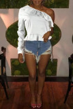 White Fashion Casual Print Backless Oblique Collar Tops