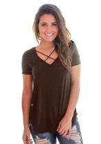 Brown Fashion Casual Regular V-Neck Short Solid Regular Tees & T-shirts