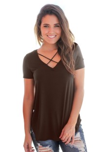 Brown Fashion Casual Regular V-Neck Short Solid Regular Tees & T-shirts