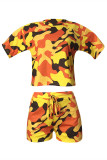 Blue Fashion Casual Camouflage Print Basic O Neck Short Sleeve Two Pieces