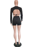 Black Fashion Casual Solid Backless Strap Design O Neck Long Sleeve Two Pieces