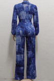 Dark Blue Casual Color Lump Print Bandage Patchwork Buckle Mandarin Collar Straight Jumpsuits