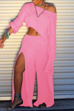 Pink Fashion Casual Solid Patchwork Slit Oblique Collar Long Sleeve Two Pieces