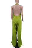 Blue Elegant Solid Patchwork Backless Halter Loose Jumpsuits
