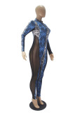 Blue Sexy Print Patchwork Zipper Collar Skinny Jumpsuits