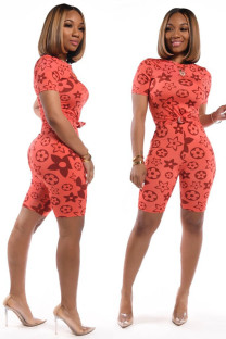 Red Casual Patchwork Print Gradient contrast color pencil Short Sleeve Two Pieces