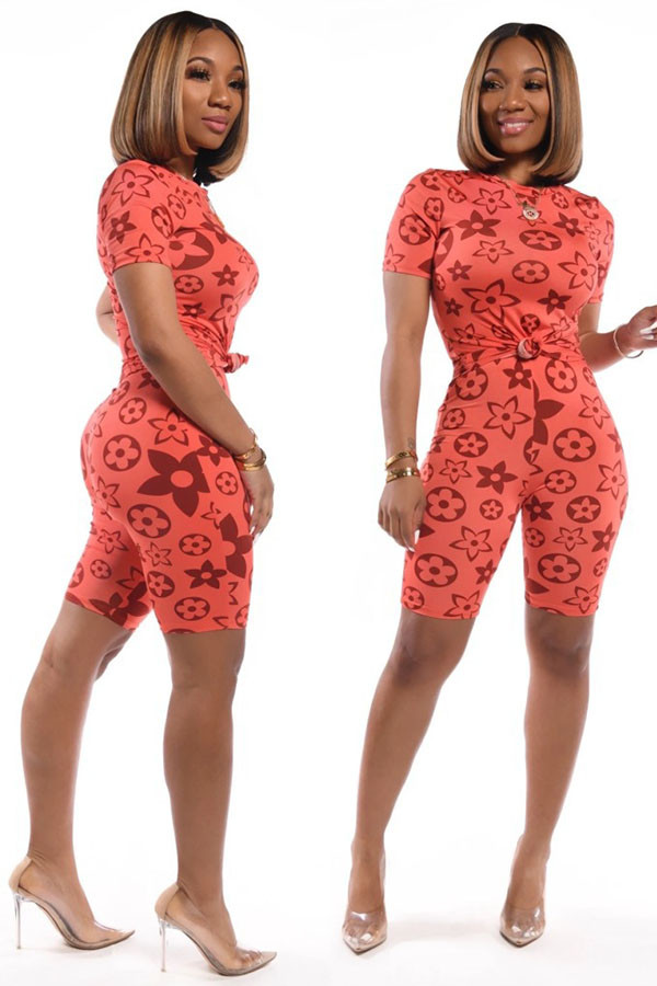 Red Casual Patchwork Print Gradient contrast color pencil Short Sleeve Two Pieces