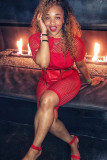 Red Casual adult Fashion Mesh Patchwork Three-Piece Suits Solid pencil Short Sleeve Two-Piece