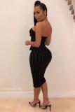 Black Fashion Sexy Off The Shoulder Sleeveless One word collar Sheath Slim Dress Mid-Calf Stripe
