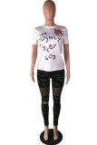 White O Neck Short Sleeve Print Patchwork Tees & T-shirts
