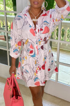 White Street Print Patchwork Turndown Collar Shirt Dress Dresses
