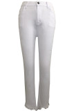 White Denim Zipper Fly Button Fly Mid Solid Zippered Pocket washing Hole pencil Pants Pants