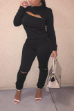 Black Blends Street Solid Hole Zippered pencil Long Sleeve Two Pieces