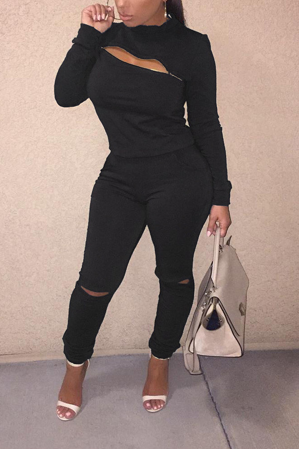 Black Blends Street Solid Hole Zippered pencil Long Sleeve Two Pieces