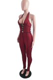 Black Street Solid Draw String V Neck Skinny Jumpsuits