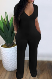 Grey Casual Solid Patchwork V Neck Skinny Jumpsuits