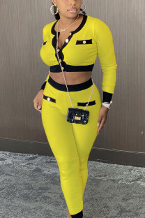 Yellow Street Geometric Patchwork O Neck Long Sleeve Regular Sleeve Short Two Pieces