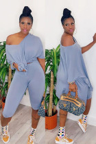 Blue Casual Solid pencil Half Sleeve Two Pieces