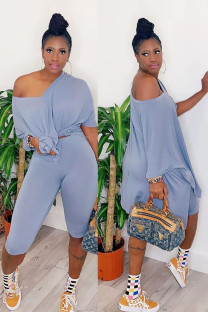Blue Casual Solid pencil Half Sleeve Two Pieces