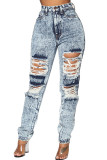 Grey Denim Zipper Fly Button Fly Mid washing Hole Zippered Pocket Skinny Pants Pants