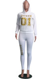 White Casual Letter Print Patchwork Hooded Collar Long Sleeve Two Pieces