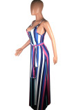 Blue Fashion Street White Blue Orange Yellow Light Blue Dark Blue Spaghetti Strap Sleeveless Slip Swagger Floor-Length Striped Print Dresses