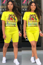 Yellow Fashion Casual adult Letter Patchwork Print Two Piece Suits Straight Short Sleeve Two Pieces