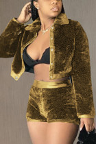 Yellow Fashion Casual Patchwork Solid Patchwork Buttons Turndown Collar Long Sleeve Two Pieces