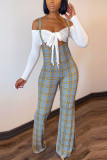 Navy Blue Fashion Sexy adult Ma'am Plaid Patchwork Solid Two Piece Suits Boot Cut Long Sleeve Two Pieces