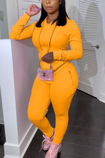 Orange Fashion Casual Adult Solid Pocket Hooded Collar Long Sleeve Regular Sleeve Regular Two Pieces