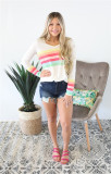 White V Neck Long Sleeve Patchwork Tees & T-shirts