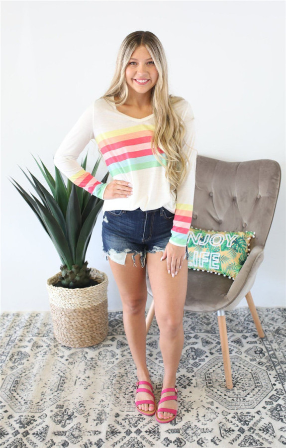 White V Neck Long Sleeve Patchwork Tees & T-shirts
