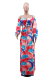 Pink Fashion Sexy Print Hollowed Out Slit Off the Shoulder Long Sleeve Dresses