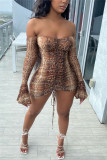 colour Fashion Sexy Print Draw String Backless Bateau Neck Printed Dress