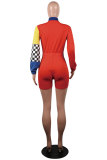 Multi-color Elastic Fly Long Sleeve Mid Patchwork Asymmetrical Loose shorts Two-piece suit