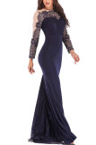 Blue Fashion Long Sleeves O neck Slim Dress Floor-Length Patchwork 