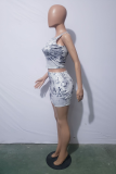 White Sexy Print Patchwork O Neck Sleeveless Two Pieces