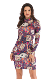Grey Fashion Sexy Cap Sleeve Long Sleeves O neck Step Skirt Knee-Length Patchwork Print 