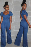 Light Blue Casual Backless Solid Chemical fiber blend Sleeveless V Neck 