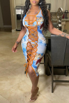 Light Blue Fashion Sexy Print Hollowed Out Strap Design Swimwears Three-piece Set