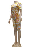 Yellow Casual Print Straight Short Sleeve Two Pieces