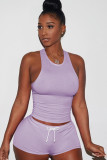 Light Blue knit Sexy Patchwork Two Piece Suits Solid Straight Sleeveless Two-Piece Short Set
