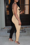 Yellow Red Fashion Sexy Letter Print Patchwork Backless Fold O Neck Skinny Jumpsuits