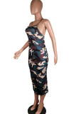 Camouflage Fashion Sexy Leopard print Camouflage serpentine Spaghetti Strap Sleeveless Slip Step Skirt Mid-Calf Print Dresses